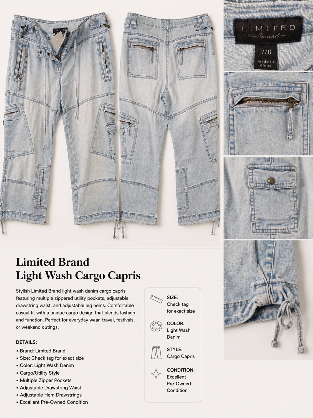 The Limited Light Wash Denim Cargo Capris - Light Blue - Picture 2 of 2